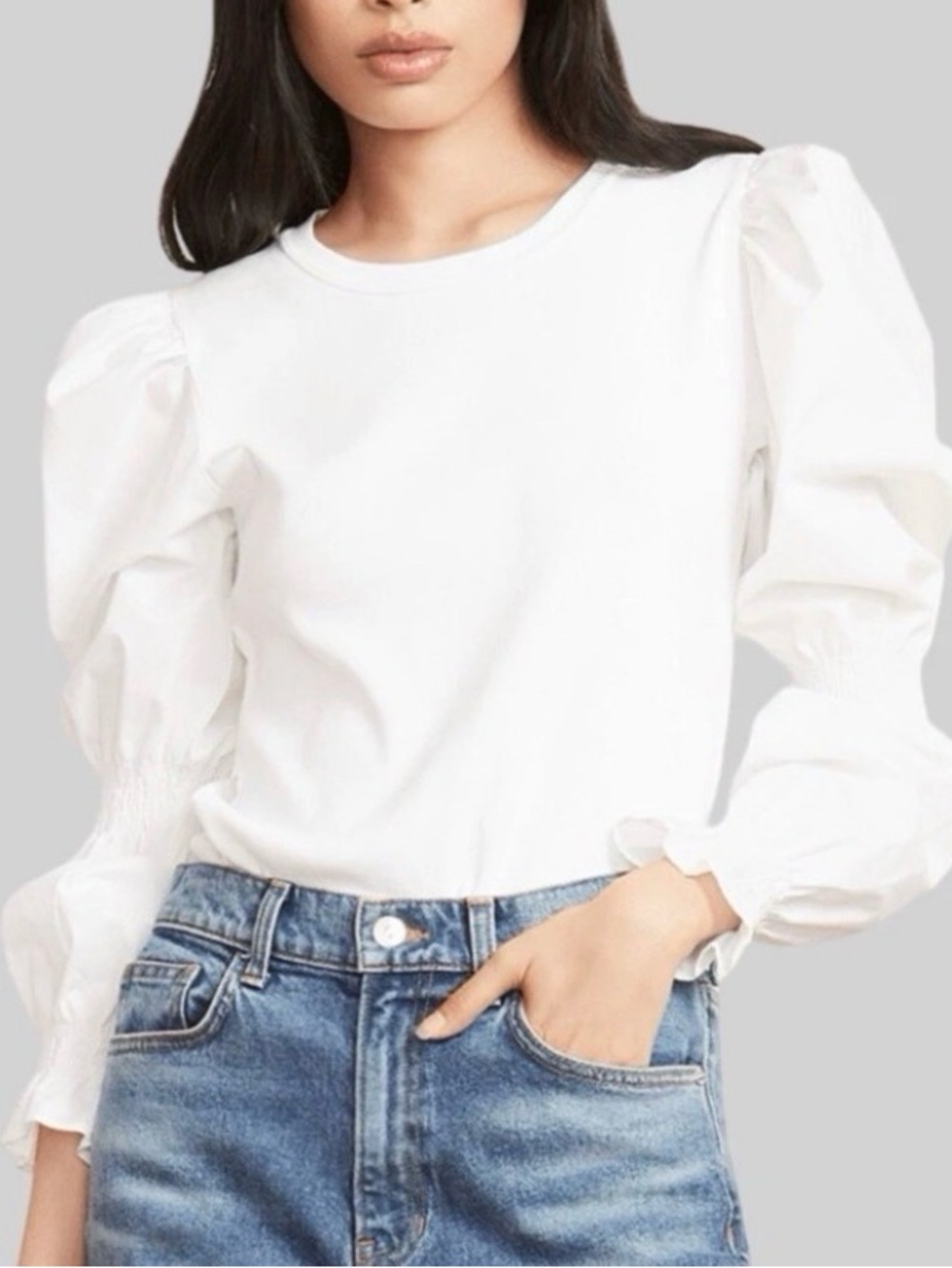 Veronica Beard Fawn Puff-Sleeve Ribbed Mixed-Media Top White Size XS